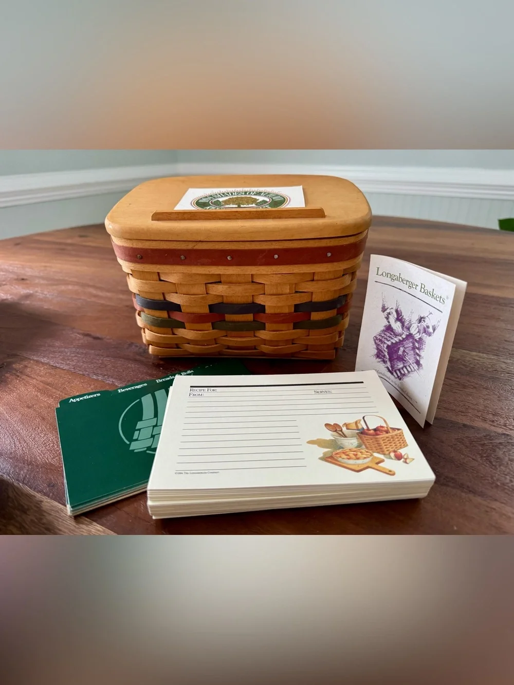Longaberger 1994 Shades of Autumn Recipe Basket w/ Lid, Protector & Cards Unused